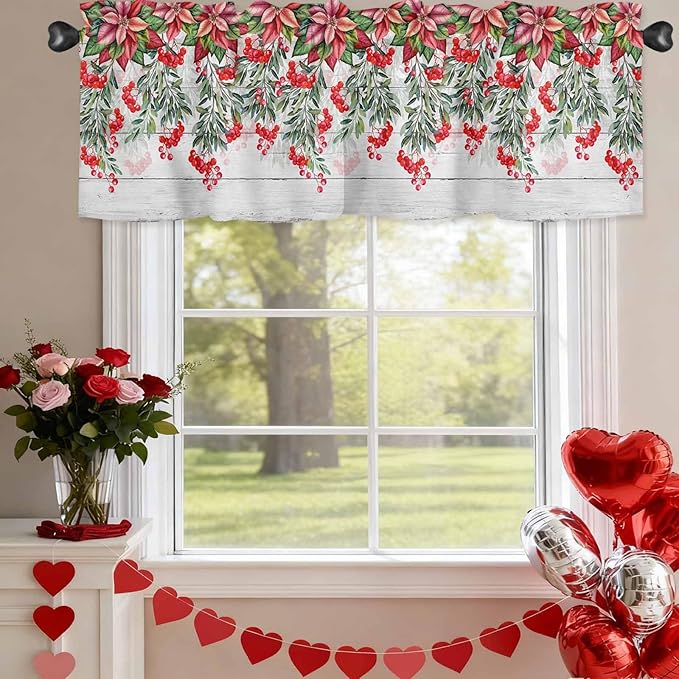 Poinsettia Berry Valance Curtains for Kitchen, Red Floral Winter Plants Vintage Wood Grain Privacy Rod Pocket Valance Curtain, Light-Filtering Window Treatment for Bedroom Bathroom, 60"x18"