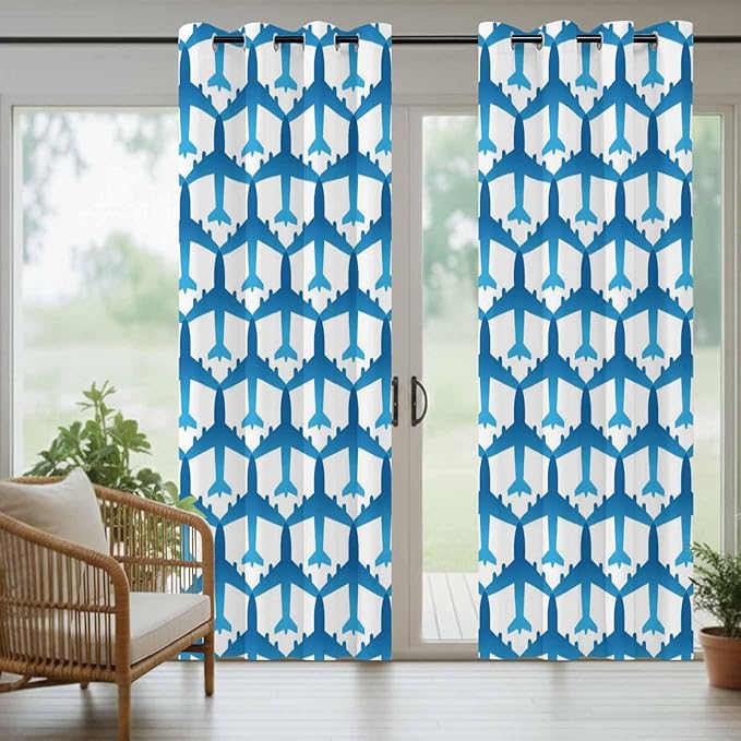 Blue Aircraft Waterproof Outdoor Curtains for Patio, Windproof Weatherproof Curtains with Weighted Hem, Modern Abstract Art Gradient Airplane Light Filtering Privacy Drapes for Porch 54"x 95" 2 Panels