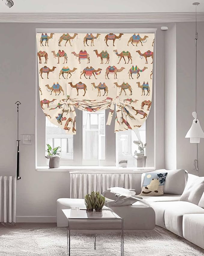 Tie Up Curtains for Windows, Summer Camels Adjustable Balloon Nature Linen Textured Kitchen Curtain, Farmhouse Retro Cartoon Desert Animals Tie Up Blackout Curtains for Bedroom, 52 x 63 Inches