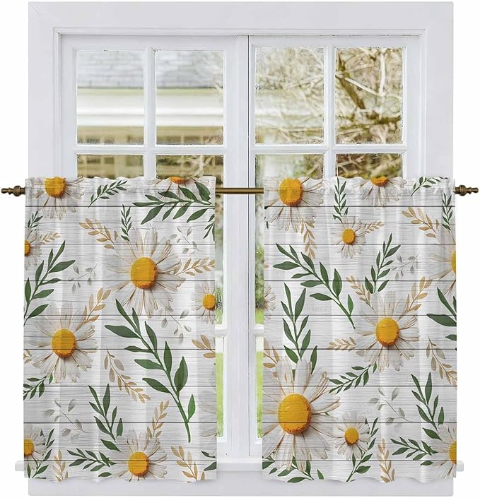 Spring Daisy Kitchen Curtains, Farmhouse Country Flower Leaf Plant Wood Grain Light Filtering Window Curtain Panels, 2Pcs Rod Pocket Window Treatments Set for RV Dining Room Study Room 42x45 Inches