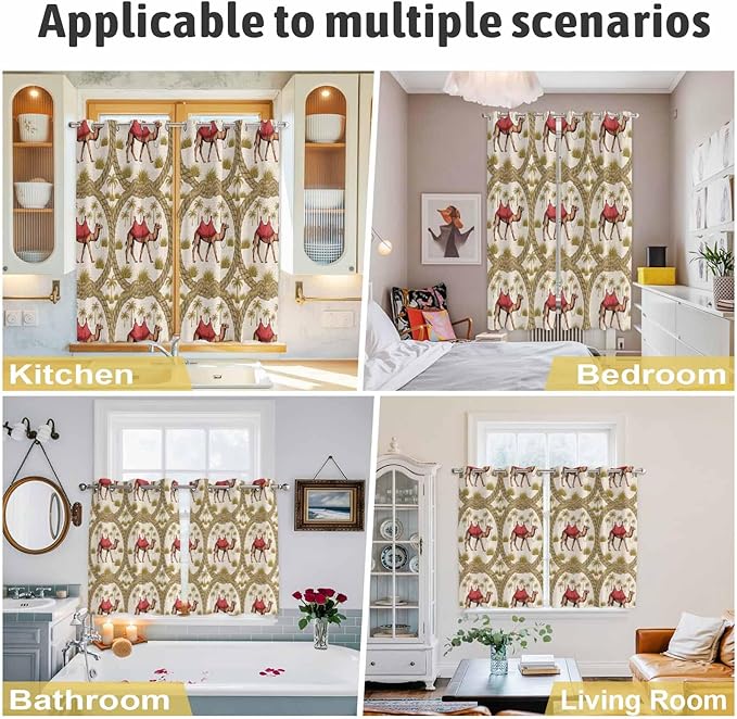 2 Panel Kitchen Cafe Curtains, Camels Palm Trees Sunlight Filtering Nature Air Through, Window Decor Tier Curtains for Living Room 80W x 63L inch Desert Date Coconut Trees Leaves Cords Beige