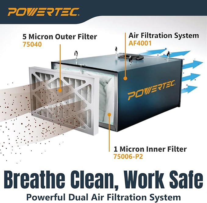 POWERTEC 5 Micron Outer Air Filter 2PK for WEN 3410, POWERTEC AF4000/AF4001, Shop Fox W1830 Air Filtration System, Replacement for WEN 90243-027-2 Woodworking Air Filters for Workshop & Garage