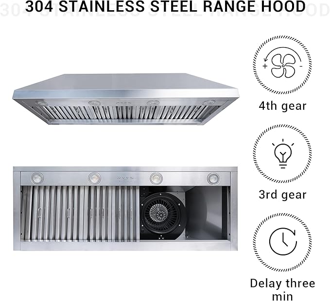 CHETTO C Stainless Steel Range Hood Cover with Quiet Vent Hood Insert Custom Handcrafted Metal Kitchen Fan with Towel Rack LED Light 42"W x27"D x54"H Brushed Stainless Steel Island Mount