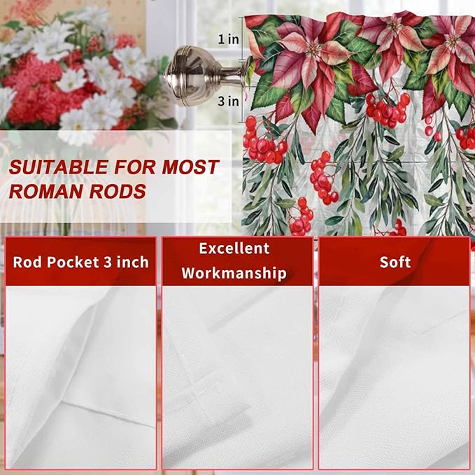 Poinsettia Berry Valance Curtains for Kitchen, Red Floral Winter Plants Vintage Wood Grain Privacy Rod Pocket Valance Curtain, Light-Filtering Window Treatment for Bedroom Bathroom, 60"x18"
