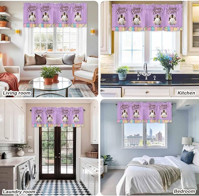 Purple Easter Curtain Valances for Windows, Kitchen Valance Window Treatment, Spring Cartoon Bunny Colorful Eggs Wood Grain Light Filtering Block Curtains for Bathroom/Bedroom/Living Room 42'' x 18''