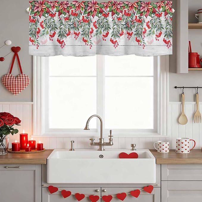 Poinsettia Berry Valance Curtains for Kitchen, Red Floral Winter Plants Vintage Wood Grain Privacy Rod Pocket Valance Curtain, Light-Filtering Window Treatment for Bedroom Bathroom, 60"x14"