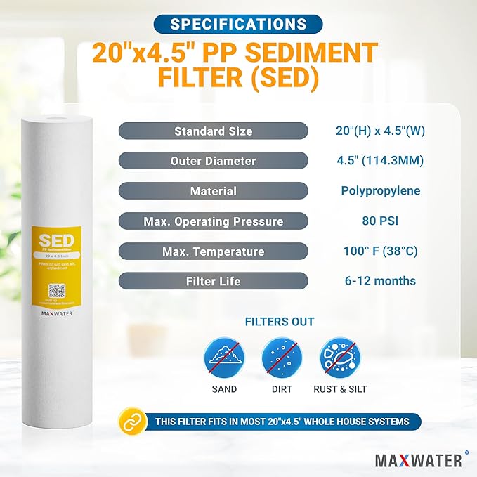 Max Water 5 Micron 20 x 4.5 Sediment Filter 20 inch Whole House BB Water Filteration System Replacement Compatible Cartridge DGD-5005-20, FP25B, AP810-6, FPMB5-20, P5-20, 155358-43, 6 Pack