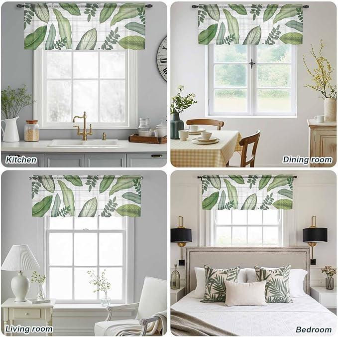 Summer Palm Leaf Sheer Valance Curtains, Green Tropical Plants Nature Leaves Wood Grain Light Filtering Kitchen Valances Rod Pocket Voile Curtain Treatment for Bedroom/Living Room/Basement 42Wx12L