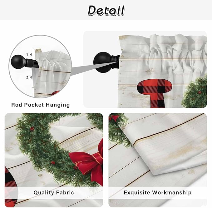 Christmas Wreaths Kitchen Tier Curtains 36 Inch Long 2 Panel Set,Rod Pocket Half Window Curtains Over Sink,Winter Bow Plaid Farmhouse Wooden Grain Short Drapes for Bathroom Cafe 27.5"W x 36"L