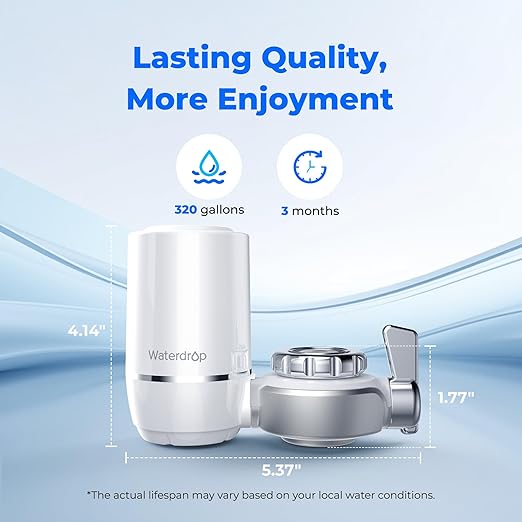 Waterdrop Water Filter for Sink Faucet, NSF Certified Water Purifier, 320 Gallon Tap Water Filter for Kitchen Sink, Reduces Chlorine, Lead-Free Material, Faucet Mount Water Filtration System 4 Filters