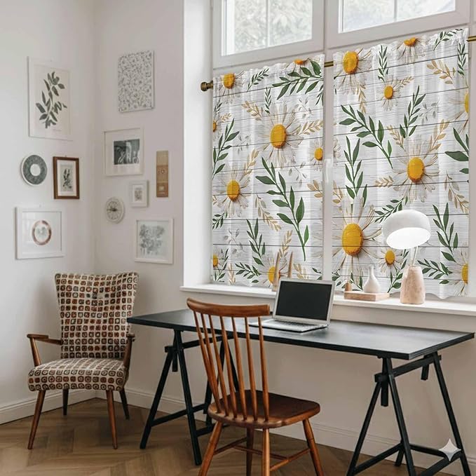 Spring Daisy Kitchen Curtains, Farmhouse Country Flower Leaf Plant Wood Grain Light Filtering Window Curtain Panels, 2Pcs Rod Pocket Window Treatments Set for RV Dining Room Study Room 42x45 Inches
