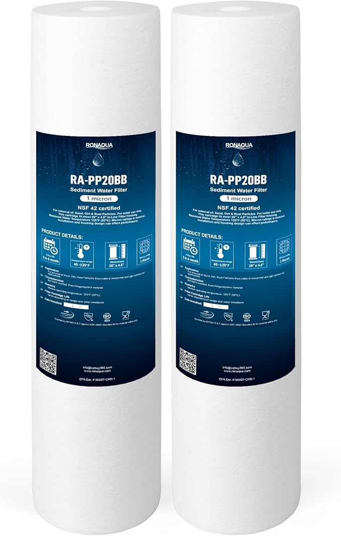 Ronaqua 20" x 4.5" Big Sediment Replacement Water Filter Cartridge, 1 Micron, NSF Certified, for Whole House, Compatible with 155358-43, 2PP20BB1M, AP810-2, FPMB-BB5-20, P5-20BB, SDC-45-2005, 2 Pack