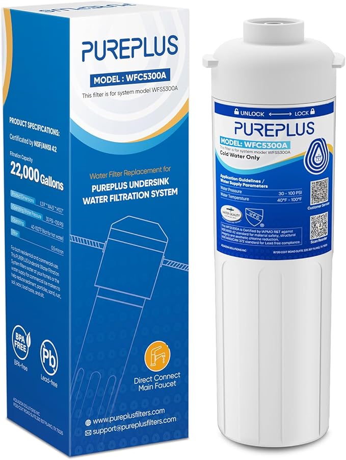 PUREPLUS WFC5300A Under Sink Water Filter, 22000 Gallons, 99.99% Chlorine Reduction, NSF/ANSI Certified, Replacement for WFS5300A Under Counter Water Filtration System