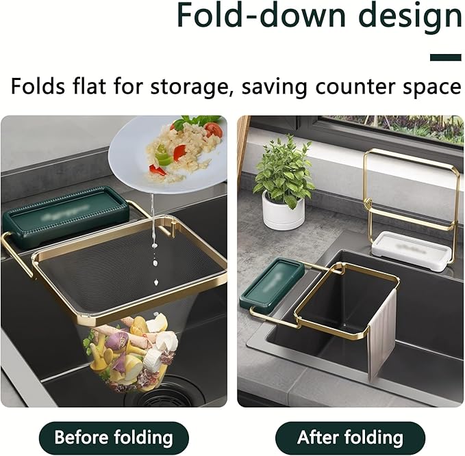 Kitchen Food Waste Filter Basket with 50Pcs Mesh Bag Collapsible Residue Filter Screen Holder Square Bracket Corner Hanging Drain Rack Sink Strainer Green 2pcs