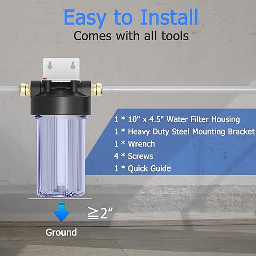 WHT10 Whole House Water Filter Housing, Fit 10"x4.5" Sediment etc Filters for Well and City Water, Big Filter Blue Pre-Filtration System for Home, 1" NPT Port, Pressure Release (Clear Housing)