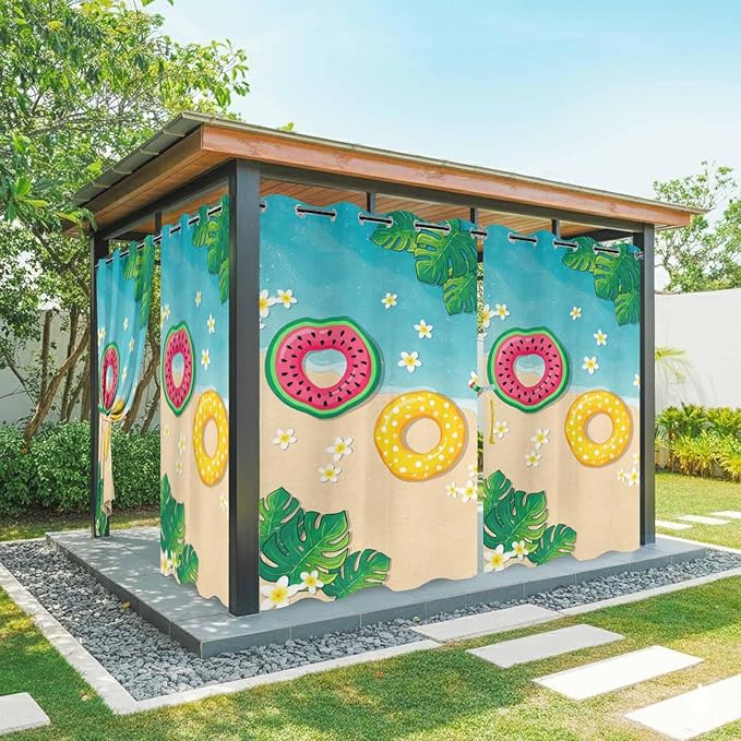 Summer Outdoor Curtains for Patio Plumeria Swimming Circles Ocean Beach Waterproof Outside Curtains with Grommet Top Weatherproof Curtain for Cabana Pergola Gazebo, 2 Pack, 54" W x 84" L