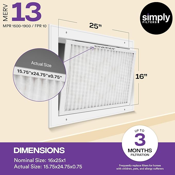 Simply 16x25x1 Air Filter, Merv 13, 6 Pack, For Home AC Furnace & HVAC (Actual Size: 15.75"x24.75"x0.75") DUST, Pet, & Allergy Control