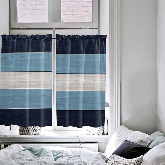Vintage Country Woodcuts Window Valance Curtains, Blue Gradient Striped Light Filtering Kitchen Valance with 3-inch Rod Pocket for Living Room Bathroom Bedroom,2 Panel,42x54In