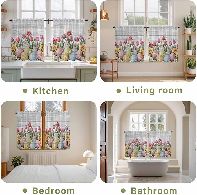 Easter Kitchen Curtains 45 Inch Long 2 Panel Set, Rod Pocket Window Treatment, Retro Spring Bunny Eggs Tulip Farm Wooden Grain Light Filtering Panels Short Drapes for Bathroom Camper 42"W x 45"L