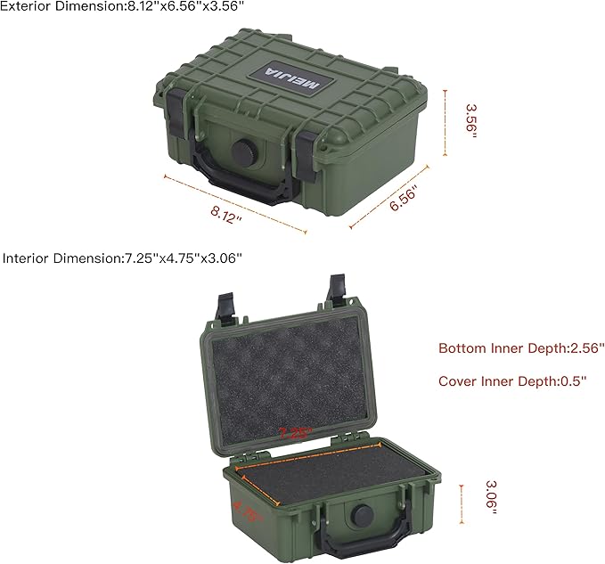 MEIJIA IP67 waterproof hard compact case,Customizable Fit Foam,8.12”x6.56”x 3.56”,Fit Use of Drones, Cameras,Equipments,lens (Green)