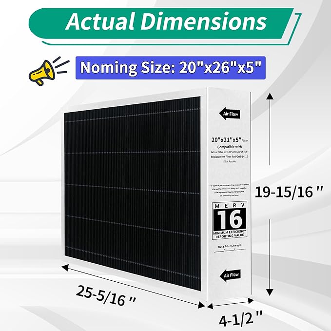 2 Pack Y6604 20x26x5 Air Filter MERV 16, Replacement for Lennox Y6604 Filter and Compatible with Lennox Pureair PCO3-20-16 Air Purifier Purification System