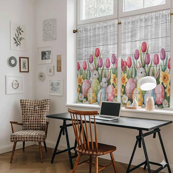 Easter Kitchen Tier Curtains 45 Inch Long 2 Panel Set,Rod Pocket Short Window Treatment,Retro Spring Bunny Eggs Tulip Farm Wooden Grain Light Filtering Curtains & Drapes for Bathroom 27.5"W x 45"L