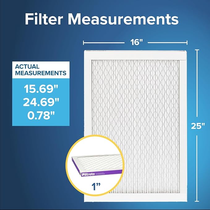 Filtrete 16x25x1 AC Furnace Air Filter, MERV 12, MPR 1500, CERTIFIED asthma & allergy friendly, 3 Month Pleated 1-Inch Electrostatic Air Cleaning Filter, 6-Pack (Actual Size 15.69x24.69x0.78 in)