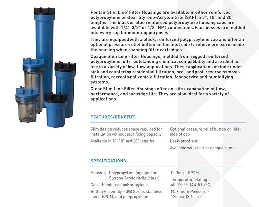 Pentair Pentek 158007 Traditional Slim Line Filter Housing, 3/8" NPT #10 Under Sink Clear Water Filter Housing with Pressure Relief Button, 10-Inch, Clear