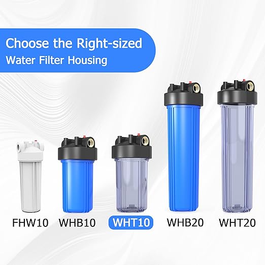 WHT10 Whole House Water Filter Housing, Fit 10"x4.5" Sediment etc Filters for Well and City Water, Big Filter Blue Pre-Filtration System for Home, 1" NPT Port, Pressure Release (Clear Housing)
