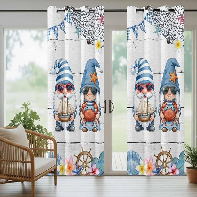 Ocean Gnome Outdoor Curtains for Patio Summer Marine Plumeria Shell Wooden Waterproof Outside Curtains with Grommet Top Weatherproof Curtain for Cabana Pergola Gazebo, 1 Panel, 54" W x 95" L