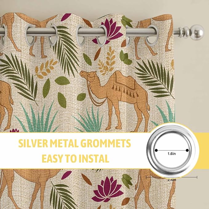 2 Panel Kitchen Cafe Curtains, Desert Camels Sunlight Filtering Nature Air Through, Home Decor Window Covering Tier Curtains for Living Room 55W x 39L inch Vintage Sand Animals Aloe Vera Leaves Beige