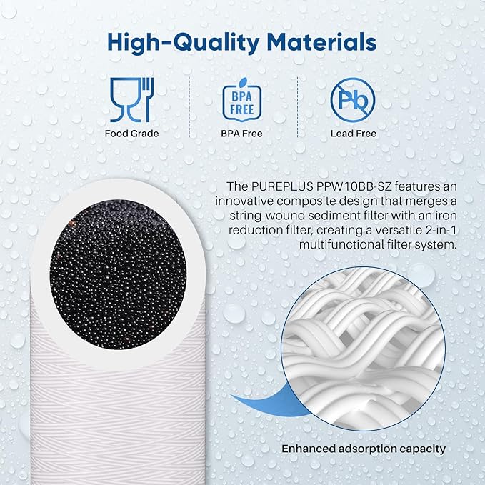 PUREPLUS 10"×4.5" String Wound Sediment Filter Compound With Iron Reducing Filter, Compatible With Whole House Water Filtration System For Well Water, 1Pack