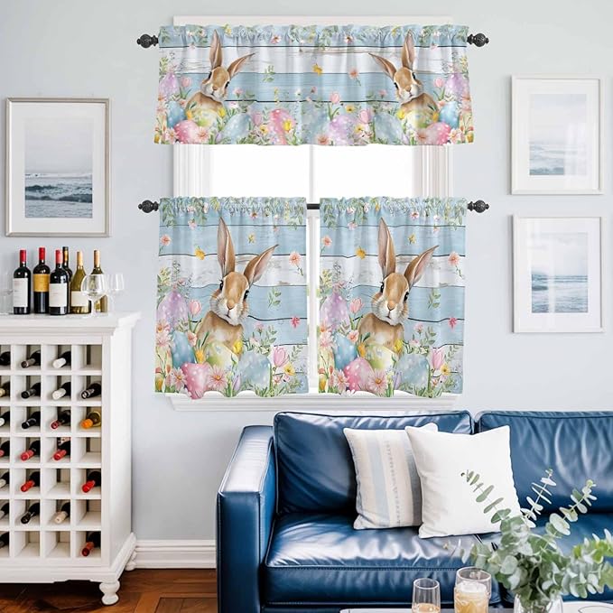 Kitchen Curtains Tiers and Valance Set of 3, Easter Light Filtering Window Curtain Set, Farmhouse Spring Rabbit Eggs Flowers Wooden Board Rod Pocket Curtain Drapes for Living Room, 24 Inches Tiers
