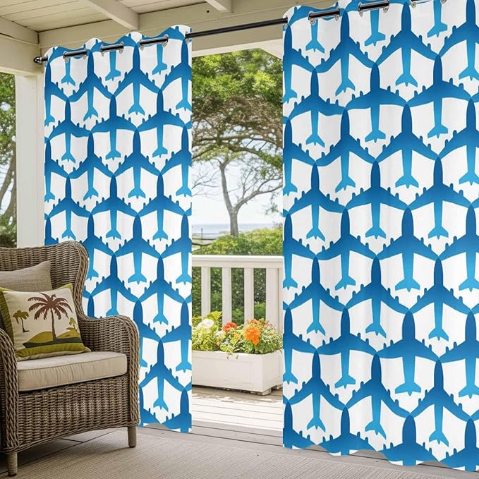 Blue Aircraft Waterproof Outdoor Curtains for Patio, Windproof Weatherproof Curtains with Weighted Hem, Modern Abstract Art Gradient Airplane Light Filtering Privacy Drapes for Porch 54"x 95" 2 Panels