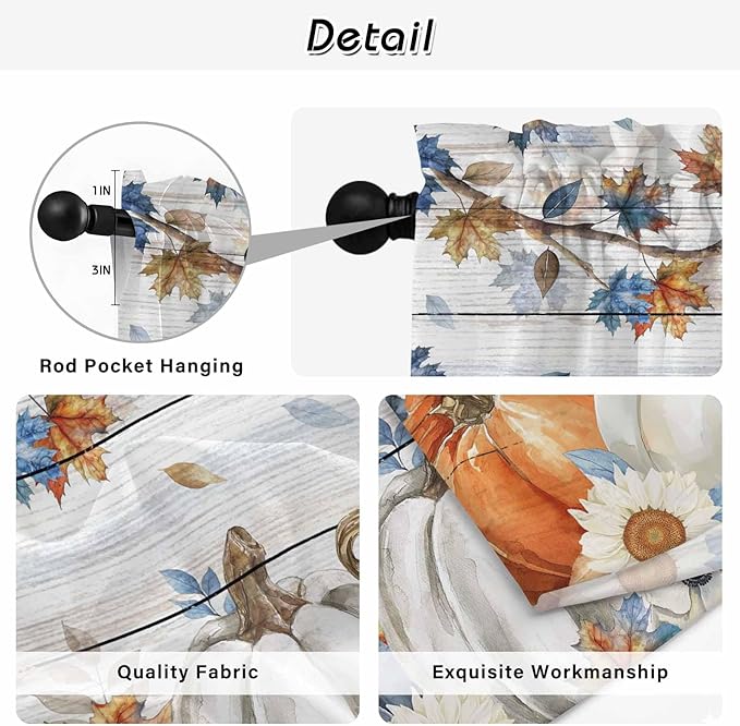Thanksgiving Pumpkin Kitchen Curtains 54 Inch Long 2 Panel Set, Rod Pocket Window Curtains Panels, Fall Maple Leaf Daisy Wooden Grain Light Filtering Privacy Draperies for Bedroom Laundry 42"W x 54"L
