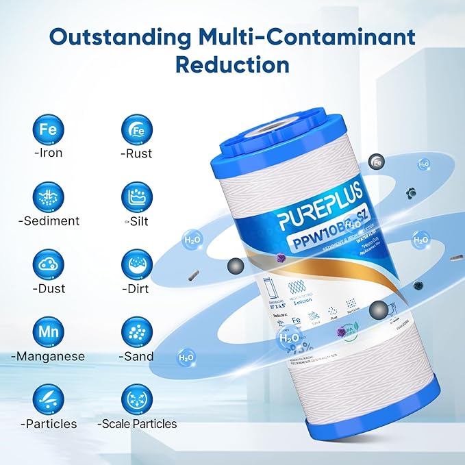 PUREPLUS 10"×4.5" String Wound Sediment Filter Compound With Iron Reducing Filter, Compatible With Whole House Water Filtration System For Well Water, 1Pack
