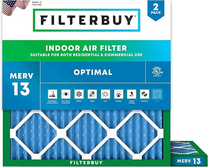 Filterbuy 30x30x1 Air Filter MERV 13 Optimal Smoke & Allergy Defense (2-Pack), Electrostatic Pleated HVAC AC Furnace Filters Replacement, Made in USA (Actual Size: 29.50 x 29.50 x 0.75)