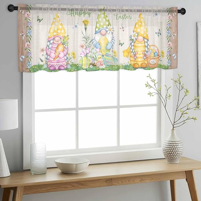 Easter Sheer Valances for Windows 54"x18", Light Filtering Kitchen Curtains Valance, Rustic Gnomes Duck Floral Colorful Eggs Wooden Grain Rod Pocket Chiffon Curtains for Living Room Bedroom Cafe