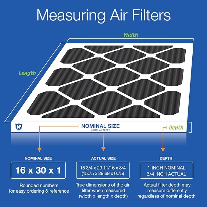 Nordic Pure 16x30x1 (15 3/4 x 29 11/16 x 3/4) Pure Carbon Pleated Odor Reduction Furnace Air Filters 6 Pack