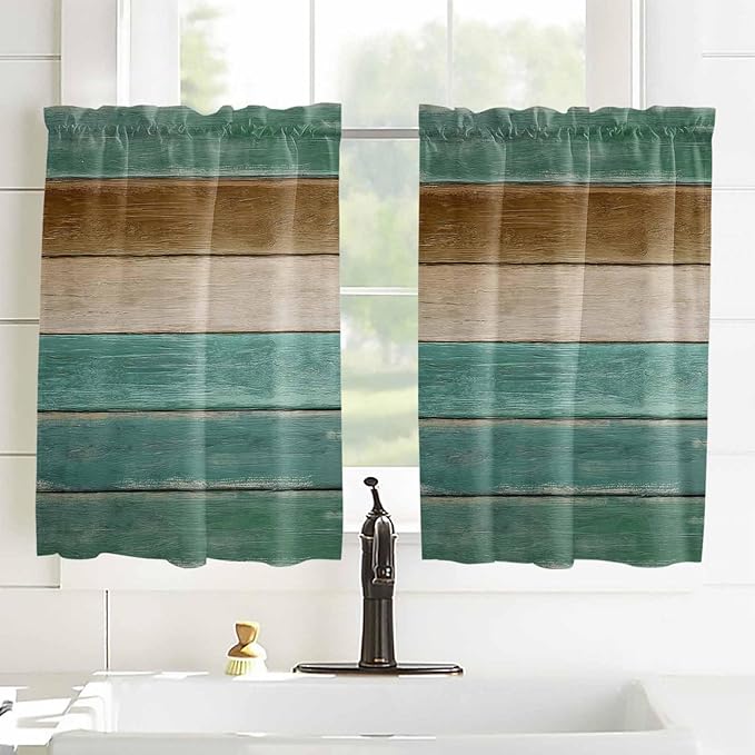 Vintage Plank Turquoise Brown Window Valance Curtains, Farmhouse Wood Grain Light Filtering Kitchen Valance with 3-inch Rod Pocket for Living Room Bathroom Bedroom,2 Panel,52x45In