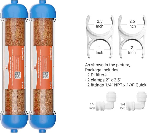 (2 Pack) Mixed Bed Ion Exchange Aquarium Filter Resin 0 PPM RO DI Refillable Housing w/Clamps & Fittings, Compatible with 10" Reverse Osmosis Water Filtration Systems, for High TDS in Water