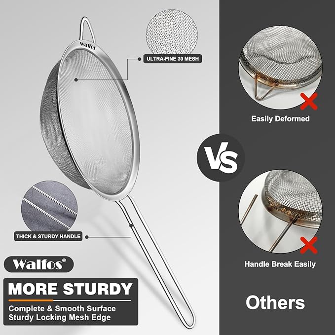 Walfos 6.3 Inch Fine Mesh Strainer, Premium Stainless Steel Sieve and Sifter with Handle, Kitchen Metal Strainers for Rice, Quinoa, Fruits, Noodles, Flour