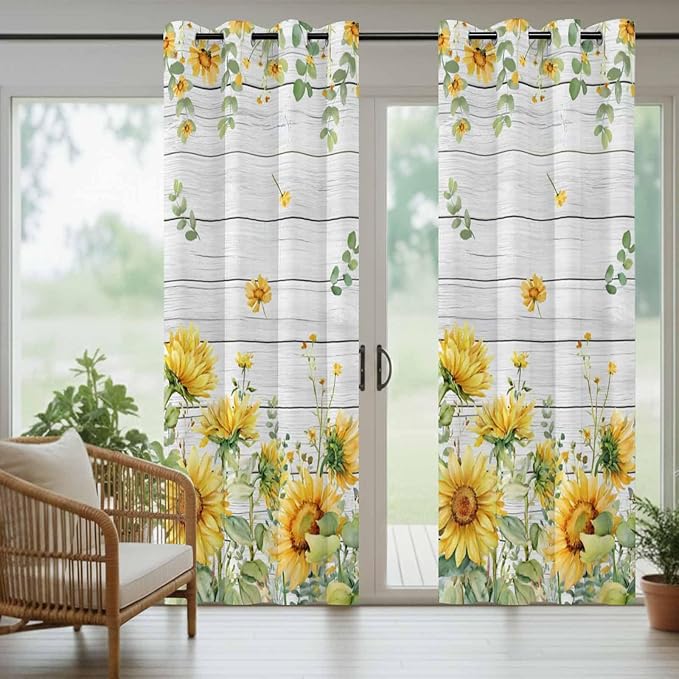Sunflowers Outdoor Curtains for Patio Summer Floral Eucalyptus Leaf Wood Plank Waterproof Outside Curtains with Grommet Top Weatherproof Curtain for Cabana Pergola Gazebo, 2 Pack, 54" W x 108" L