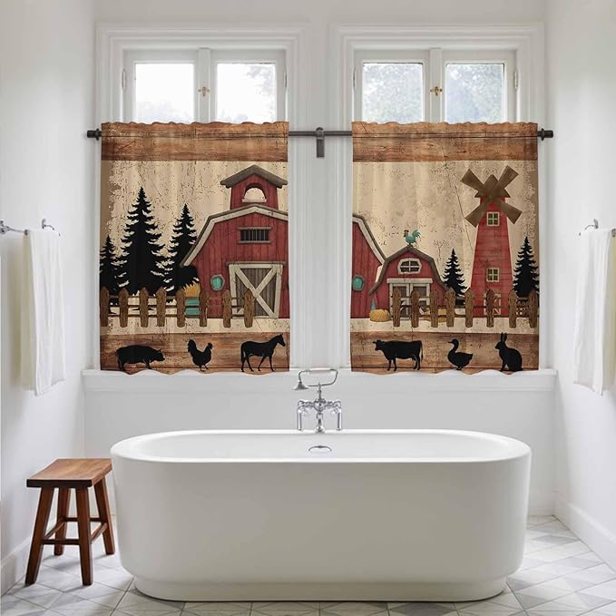 Brown Farmhouse Kitchen Curtains, Vintage Country Animals Wooden Grain Light Filtering Window Curtain Panels, 2Pcs Rod Pocket Window Treatments Set for RV Dining Room Study Room 42x45 Inches