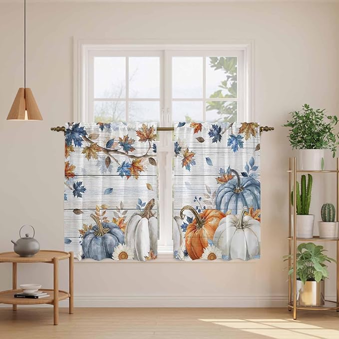 Thanksgiving Pumpkin Kitchen Curtains 45 Inch Long 2 Panel Set, Rod Pocket Window Treatment, Fall Maple Leaf Daisy Wooden Grain Light Filtering Panels Short Drapes for Bathroom Camper 42"W x 45"L