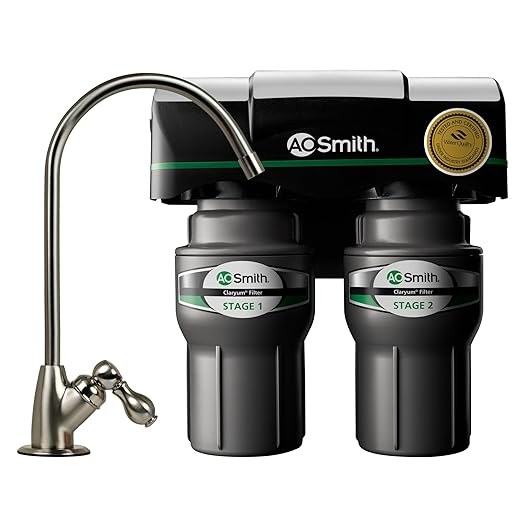 AO Smith Under Sink Water Filter System - Reduces PFAS, Lead, & Chlorine in Drinking Water - Under Counter Claryum Filtration for Kitchen - 2-Stage - AO-US-200