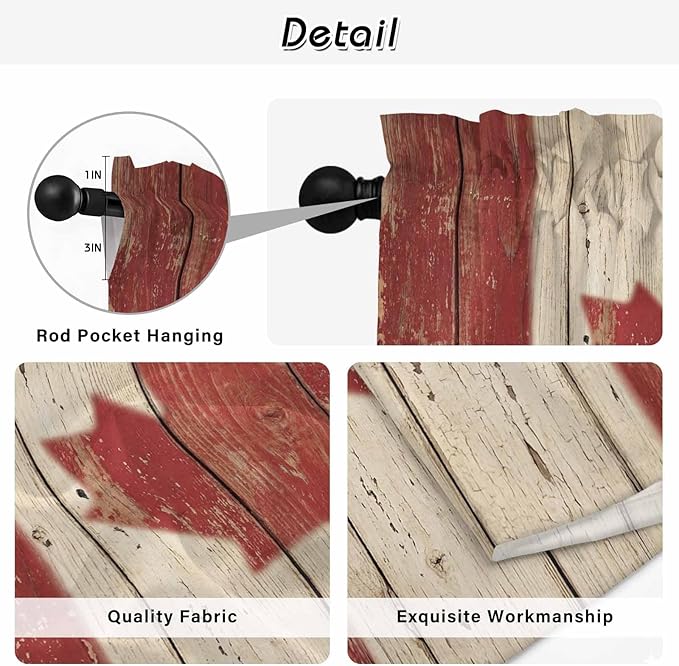 Canada Kitchen Curtains, Red Maple Leaf Flag Vintage Farmhouse Wooden Grain Light Filtering Window Curtain Panels, 2Pcs Rod Pocket Window Treatments Set for Living Room Bathroom Bedroom 52x72 Inches