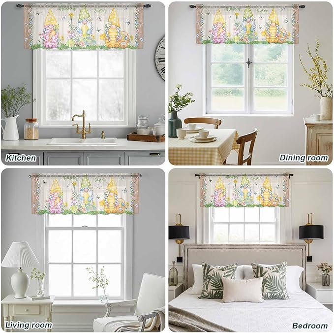 Easter Sheer Valances for Windows 54"x18", Light Filtering Kitchen Curtains Valance, Rustic Gnomes Duck Floral Colorful Eggs Wooden Grain Rod Pocket Chiffon Curtains for Living Room Bedroom Cafe