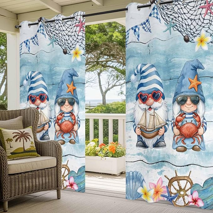 Ocean Gnome Outdoor Curtains for Patio Summer Marine Plumeria Shell Wood Blue Waterproof Outside Curtains with Grommet Top Weatherproof Curtain for Cabana Pergola Gazebo, 1 Panel, 54" W x 84" L