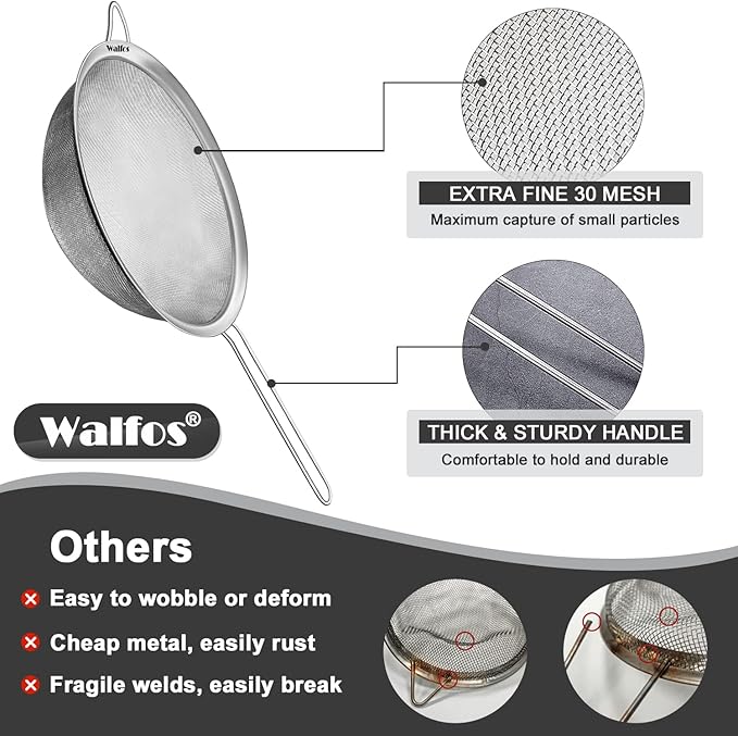 Walfos Fine Mesh Strainer Set of 3, Stainless Steel Wire Strainers for Kitchen, Multipurpose Metal Fine Sieve with Handle, Perfect for Food, Rice, Quinoa, 2.7", 4.6", 7"